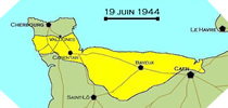 Image : Carte de l'evolution des combats en Normandie le 19 juin 1944 à minuit