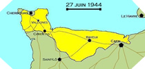 Image : Carte de l'evolution des combats en Normandie le 27 juin 1944 à minuit