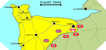 Image : Carte de l'evolution des combats en Normandie le 5 aout 1944 à minuit