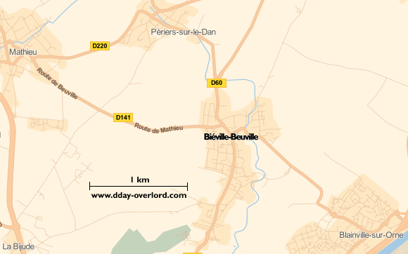 Image : carte du secteur de Biéville-sur-Orne - Beuville - Bataille de Normandie en 1944