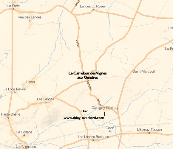 Image : carte du secteur de Le Carrefour des Vignes aux Gendres - Bataille de Normandie en 1944