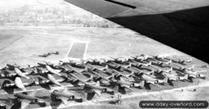 Aerial view of an airfield in England with C-47s and Waco gliders. Photo: US National Archives