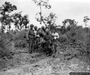 13 juillet 1944 : évacuation de trois soldats blessés légers dans le secteur de La-Haye-du-Puits. Photo : US National Archives