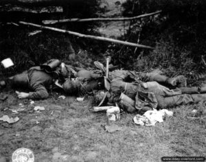 8 juillet 1944 : les corps de trois soldats allemands (très certainement une équipe mitrailleuse lourde) tués près d’une haie dans le secteur de Saint-Fromond. Photo : US National Archives