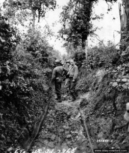 13 juillet 1944 : des sapeurs et des transmetteurs installent des câbles téléphoniques entre deux haies au nord de Saint-Lô. Photo : US National Archives