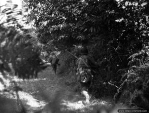 Trois soldats américains progressent avec beaucoup de précautions en direction d’une position ennemie dans le secteur de Mortain. Photo : US National Archives