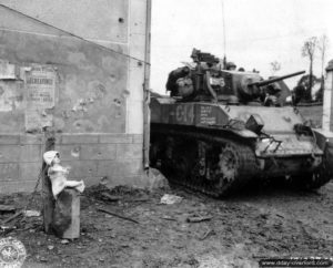 Un char léger Stuart appartenant à la 3rd (US) Armored Division en appui à La Vauterie, hameau de Saint-Fromond. Photo : US National Archives