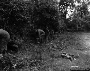 15 juillet 1944 : les soldats du 175ème régiment de la 29ème division d’infanterie préparent leur bivouac pour la nuit au nord de Saint-Lô. Photo : US National Archives