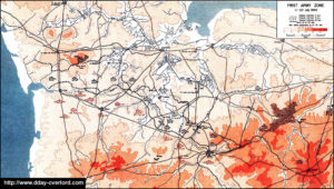 Carte de la progression de la ligne de front de la First US Army du 11 au 20 juillet 1944 en Normandie. Photo : D-Day Overlord