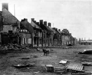 Spectacle de désolation, où des animaux morts sur la place Nationale coutoient des animaux errant à Montebourg. Photo : US National Archives