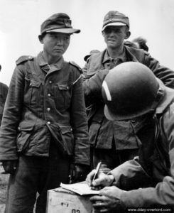 21 juin 1944 : prise en compte du prisonnier (supplétif) coréen Yang Kyoung-Jong par un sapeur de la 5th ou 6th Engineer Special Brigade dans le secteur d'Utah Beach. Photo : US National Archives
