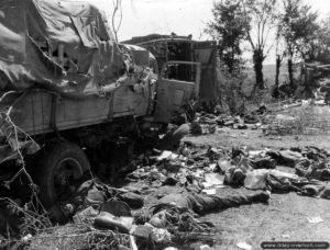 Des cadavres de soldats allemands à proximité d’un convoi détruit dans la Poche de Chambois. Photo : US National Archives