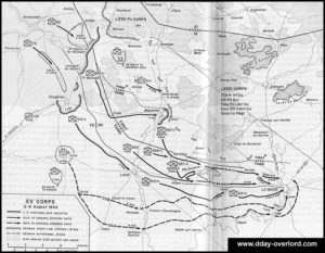 Carte de la progression du XVe corps américain du 2 au 8 août 1944 en Normandie. Photo : D-Day Overlord