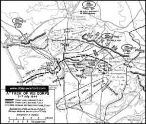 Carte de l'attaque du 7e Corps du 3 au 7 juillet 1944 en Normandie. Photo : D-Day Overlord