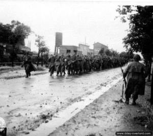 26 juin 1944 : des prisonniers sont évacués sous la pluie par les hommes de la 79ème division d’infanterie américaine à Cherbourg. Photo : US National Archives