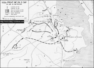 Carte des zones de largage et d'actions du 502nd Parachute Infantry Regiment de la 101st (US) Airborne Division en Normandie le 6 juin 1944. Photo : D-Day Overlord
