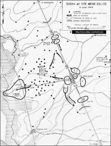 Carte des zones de largage et d'actions du 505th Parachute Infantry Regiment de la 82nd (US) Airborne Division en Normandie le 6 juin 1944. Photo : D-Day Overlord