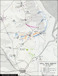 Carte des zones de largage et d'actions du 506th Parachute Infantry Regiment de la 101st (US) Airborne Division en Normandie le 6 juin 1944. Photo : D-Day Overlord