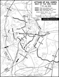 Carte de l'attaque du 19e corps du 7 au 10 juillet 1944 en Normandie. Photo : D-Day Overlord