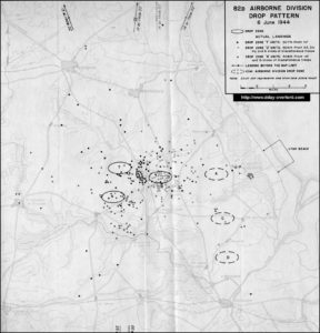 Carte des parachutages de la 82nd (US) Airborne Division au-dessus du Cotentin le 6 juin 1944. Photo : D-Day Overlord