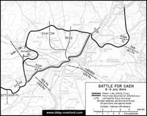 Carte des combats pour la libération de Caen du 8 au 9 juillet 1944 en Normandie. Photo : D-Day Overlord