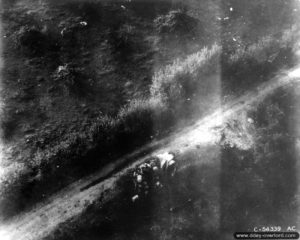 22 août 1944 : vue aérienne de véhicules allemands détruits dans le réduit de Chambois. Photo : US National Archives