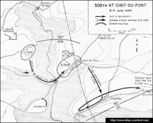 Carte des opérations du 508th PIR américain (82nd Airborne Division) du 8-9 juin 1944 en Normandie. Photo : D-Day Overlord