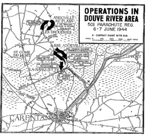 Carte des opérations réalisées par le 501st Parachute Infantry Regiment de la 101st (US) Airborne Division dans le secteur de la Douve du 6 au 7 juin 1944. Photo : D-Day Overlord
