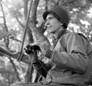 A Cerisy-la-Forêt, le Brigadier General George P. Hays, commandant la 2nd Division Artillery, observe la ligne de front à partir d'un poste d'observation de fortune installé au sommet d'un arbre. Photo : US National Archives