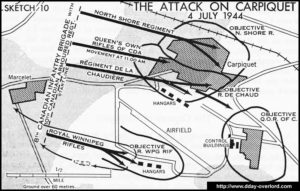 Carte des combats de l’aéroport de Carpiquet du 4 juillet 1944 en Normandie. Photo : D-Day Overlord