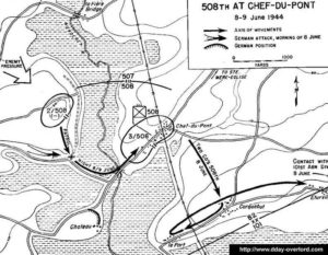 Carte des actions du 508th Parachute Infantry Regiment de la 82nd (US) Airborne Division dans le secteur de La Fière en Normandie du 8 au 9 juin 1944. Photo : D-Day Overlord