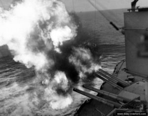 USS Nevada's 356 mm guns open fire on the Utah Beach area. Photo: US National Archives