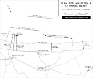 Carte de la mise en place du port artificiel Mulberry A de Saint-Laurent-sur-Mer en Normandie. Photo : D-Day Overlord