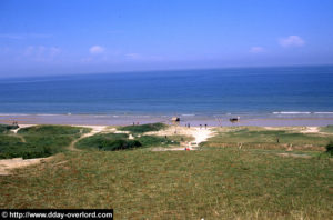 Vue de la plage depuis le point d'appui allemand codé Wn 62 à Omaha Beach (Colleville-sur-Mer). Photo : D-Day Overlord