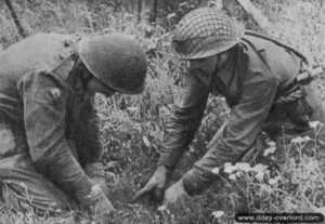 Août 1944 : des sapeurs belges de la brigade Piron déminent la route de Cabourg. Photo : DR