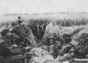 Juin 1944 : des soldats allemands de la 13ème compagnie Panzerabwehrkanone du SS-Panzergrenadierregiment26 servant une pièce 7,5 cm dans le secteur de Carpiquet. Photo : Bundesarchiv