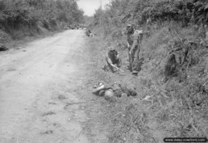 31 juillet 1944 : des sapeurs utilisent un détecteur de mines pour contrôler les abords de la route au sud de Caumont. Photo : US National Archives