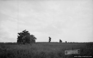 26 juin 1944 : un char Sherman de la 4th Armoured Brigade et des soldats de la 15th (Scottish) Division près de Cheux pendant l’opération Epsom. Photo : IWM