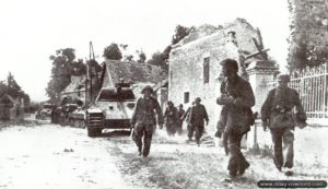 25 juin 1944 : des soldats S.S. appuyés par des chars Panther de la 12ème S.S. Panzerdivision montent vers la ligne de front. Photo : Bundesarchiv