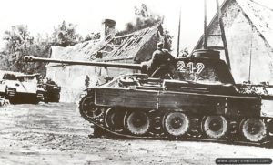 25 juin 1944 : le char Panther D « 259 » de la 12ème S.S. Panzerdivision progressant le long de la route en provenance du nord de Tilly-sur-Seulles. Photo : Bundesarchiv