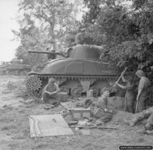 30 juin 1944 : des soldats de la 49th Division creusent des trous de combat à proximité de chars Sherman dans le secteur de Rauray. Photo : IWM