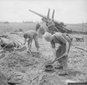 1er juillet 1944 : des artilleurs servant un canon de campagne BL 5.5 inch Medium Gun Mk 3 de 140 mm aménagent leur position dans le secteur de Sequeville-en-Bessin. Photo : IWM