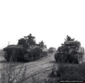 8 août 1944 : des chars Sherman canadiens progressent pendant l’attaque de Falaise entre les localités de Hubert-Folie et de Tilly-la-Campagne. Photo : IWM