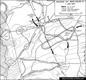 Carte des combats pour la défense de Sainte-Mère-Eglise le 7 juin 1944 en Normandie. Photo : D-Day Overlord
