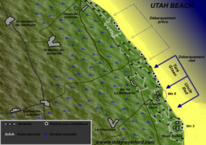 Positions initiales de l’assaut amphibie à Utah Beach puis positions effectives du débarquement du 6 juin 1944. Photo : D-Day Overlord