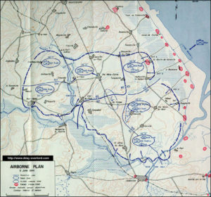 Carte des zones de saut prévisionnelles dans le Cotentin le 6 juin 1944. Photo : D-Day Overlord