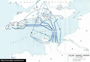 Routes aériennes des avions et planeurs dans la nuit du 5 au 6 juin 1944 dans le cadre de l'opération Neptune. Photo : D-Day Overlord
