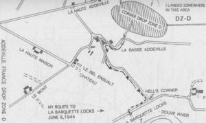 Carte du secteur des combats de Tom Rice le 6 juin 1944.