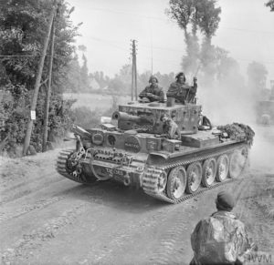 June 13, 1944: A Centaur IV tank, armed with its Howitzer 95mm howitzer, belonging to the Troop H, 2nd Battery, Royal Marine Armored Support Group. Photo: IWM B 5457